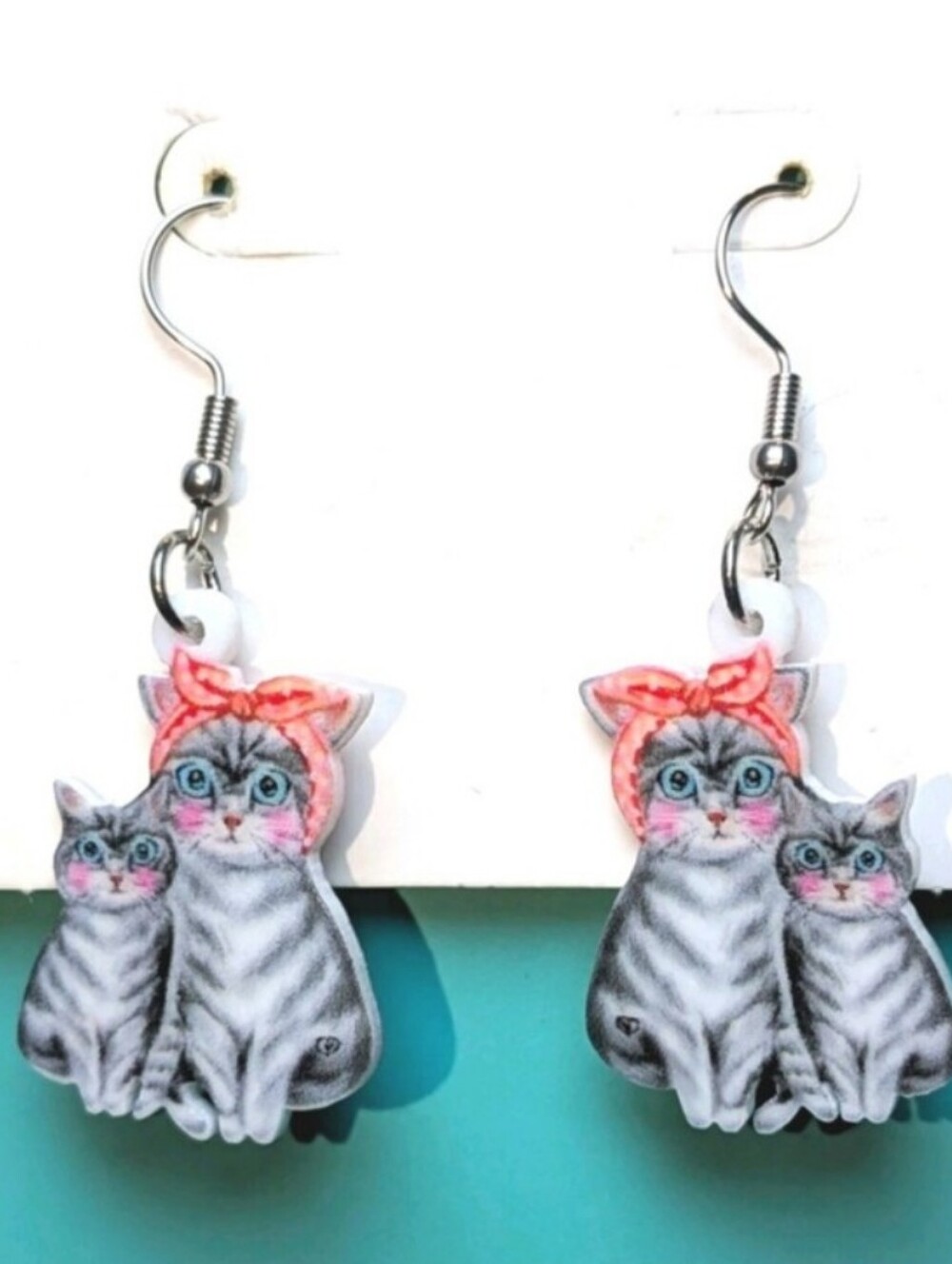 Cute Gray Cat Earrings with Pink Bow - Cat Lover Jewelry